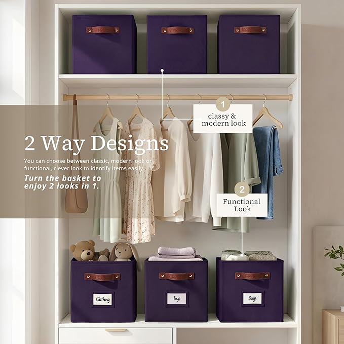 DECOMOMO Storage Baskets, 13x15x13 Storage Cube Bins with Labels for Organizing Shelves Kallax (Kallax / 4pcs, Deep Violet)