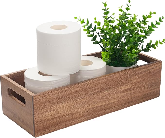 Toilet Tank Basket, Toilet Paper Basket for Back of Toilet Tank Top, Acacia Wood Bathroom Storage Basket for Organizing and Decor (15 x 6 x 4 inch)