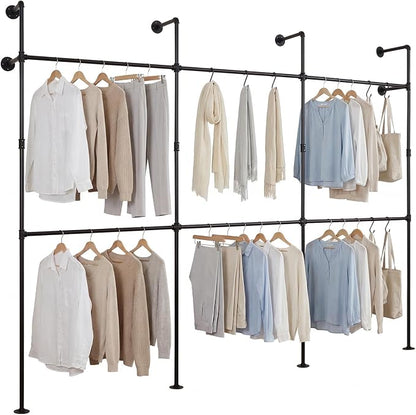 Giantex Industrial Pipe Clothing Rack, 118" Wall Mounted Heavy-Duty Metal Garment Organizer with 6 Hanging Rods, 2-Tier Walk-in Closet System for Wardrobe Closet, Retail Display