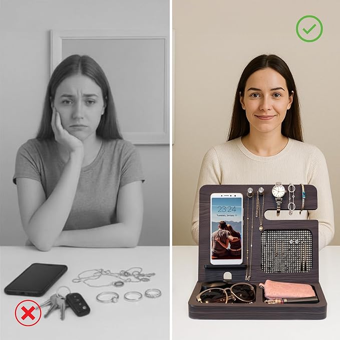 Namore Nightstand Organizer for Women – Wood Phone Docking Station & Jewelry Valet Tray for Phone, Earrings, Wallet & Keys – Unique Gifts for Women, Wife, Mom