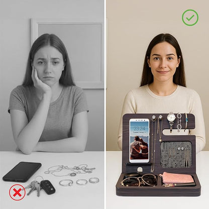 Namore Nightstand Organizer for Women – Wood Phone Docking Station & Jewelry Valet Tray for Phone, Earrings, Wallet & Keys – Unique Gifts for Women, Wife, Mom