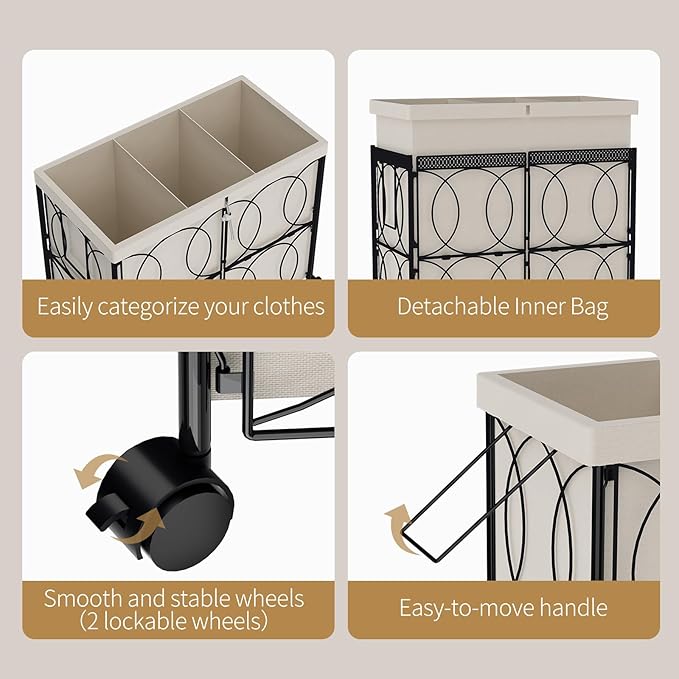 Laundry Hamper with 3 Section, Large 180L Rolling Laundry Basket with Wheels, Metal Heavy Duty Laundry Hamper with Detachable Bags, Dirty Clothes Hamper Organizer for Bedroom, Bathroom(Beige)