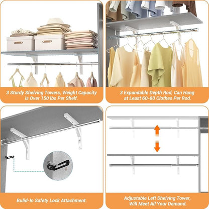 iSunirm 8FT Closet System with Shelves, 96'' Closet Organizer System with 3 Hanging Rods, Wall Mount Bedroom Wardrobe Walk-in Closet, Adjustable Cloth Garment Rack from 5 to 8FT (Cut to Fit), Grey