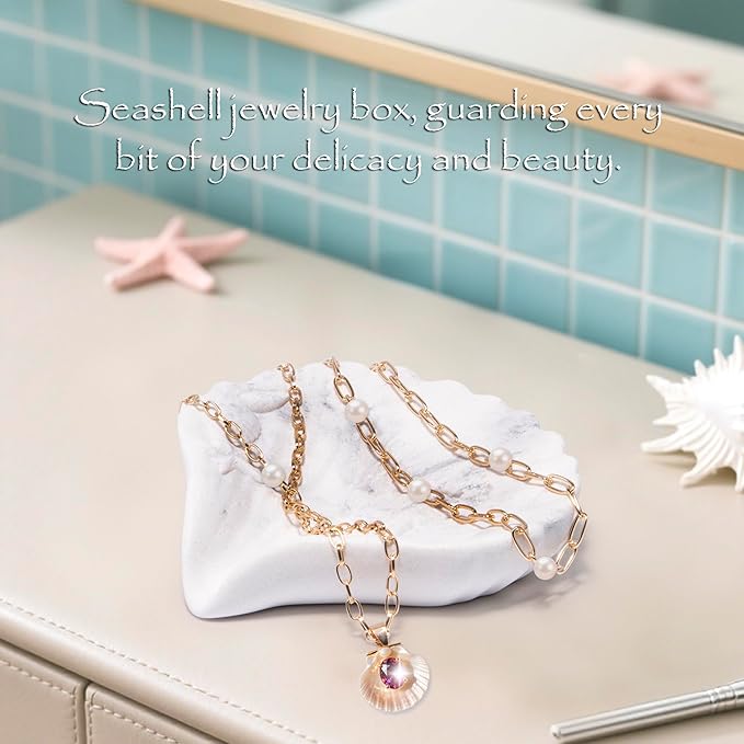 ZAWUU Resin Draining Seashell Soap Dish with Embossed Design – Bar Soap Holder for Bathroom & Kitchen, Multiuse Jewelry Tray (White Marble, Seahorse)