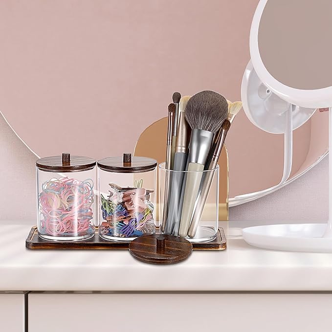 3 Packs Acrylic Cotton Swab Holder Qtip Holder Bathroom Accessories Storage Container with Tray Qtip Dispenser with Lid for Dental Floss