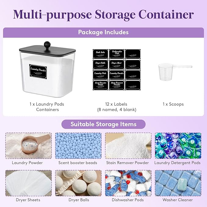 Lifewit Laundry Pods Container with Lid, Dryer Sheet Holder, Room Organization Storage for Coffee Pods Kcup Washing Powder, Scent Booster Beads, 2600 ml/0.7gal，Black,1 Pcs