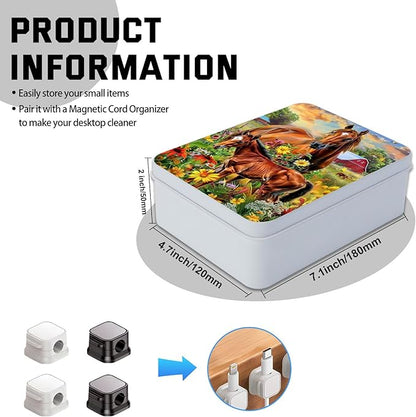 Metal Tin Box with Lid for Game Cards Home Organizer Candles Keys Crafts Storage - Equipped with 4 Magnetic Cord Clips，Horses and flowers