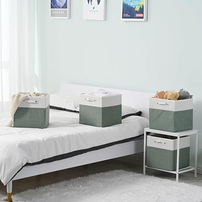 FinishingBo 13 x 13 Inch Fine Linen Storage Bins with Handles，Fabric Cube Boxs，Basket Organizers for Shelves for Home, Closet Drawers (White/Green-4 Pack )