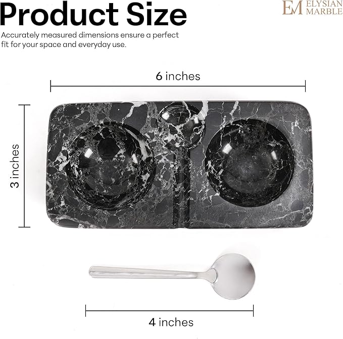 Marble Salt and Pepper Dish with Spoon, Handcrafted Double Spice Tray with 2 Compartments, Natural Stone Condiment Dish for Cooking Prep and Serving - Black