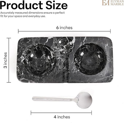Marble Salt and Pepper Dish with Spoon, Handcrafted Double Spice Tray with 2 Compartments, Natural Stone Condiment Dish for Cooking Prep and Serving - Black