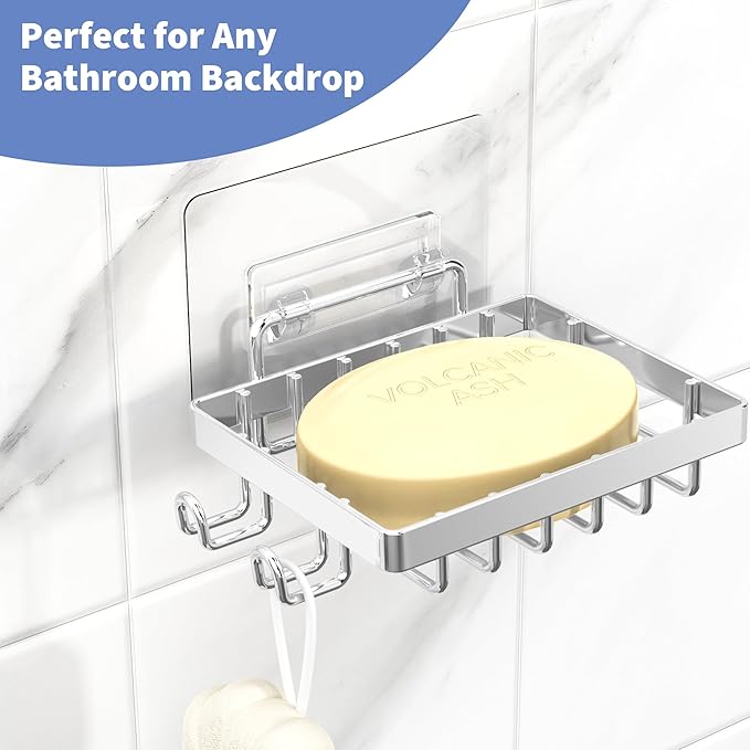 Moforoco Stainless Steel Soap Bar Holder for Shower, No Drilling Bathroom Accessories, Wall Mounted Soap Holder with Hooks, Shower Rack Tray Bar for Suitable for Bathroom, Kitchen Sink