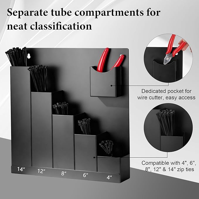 Cable Tie Holder with Cutter Pliers & 250 Zip Ties Wall Mount Zip Tie Storage Rack Organizer for Garage Tool Rooms Workshop
