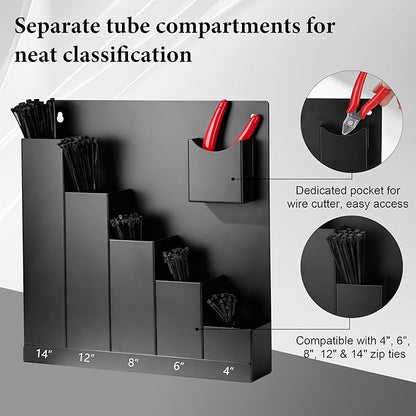 Cable Tie Holder with Cutter Pliers & 250 Zip Ties Wall Mount Zip Tie Storage Rack Organizer for Garage Tool Rooms Workshop