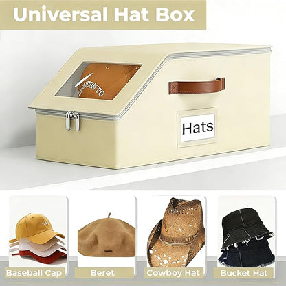 2 Pack Hat Organizer for Women & Men, Foldable Hat Storage Box with Clear Window Lid, Stackable Clear Hat Storage for Baseball, Cowboy Caps, Store up to 28 Caps, Butter Yellow