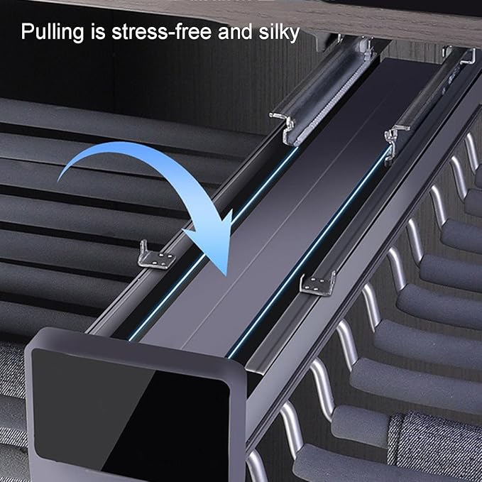 Pull Out Trousers Rack 20 Arms Steel Pull Out Pants Rack Double Row Sliding Pants Hanger Pant Organizer Pull-Out Load 35lbs Sizes Installation Depths are L 17.7in, h 4.33 in w 24.8in in.