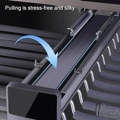 Pull Out Trousers Rack 20 Arms Steel Pull Out Pants Rack Double Row Sliding Pants Hanger Pant Organizer Pull-Out Load 35lbs Sizes Installation Depths are L 17.7in, h 4.33 in w 24.8in in.