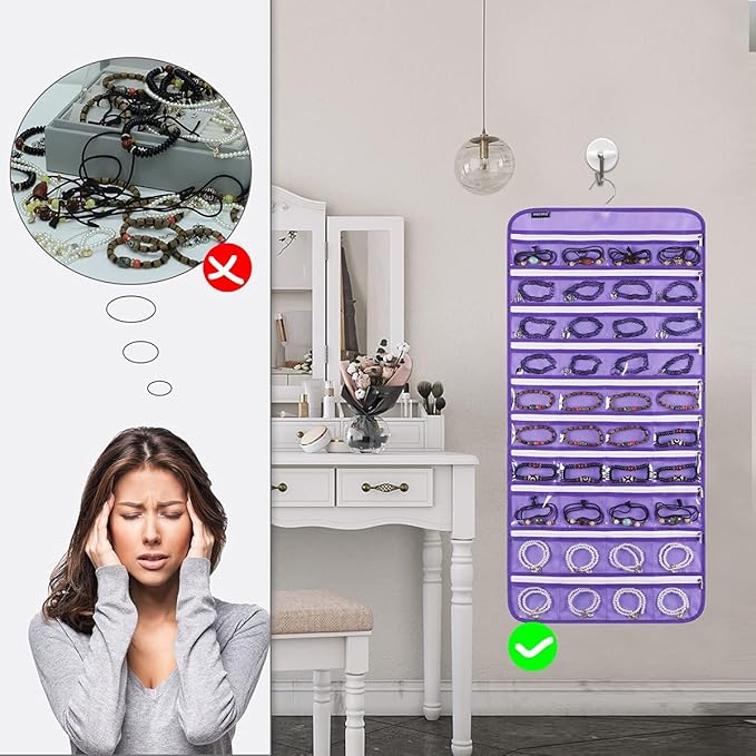 80 Zippered Pockets Hanging Jewelry Organizer for Holding Jewelries Dual-Sided Accessory Display Holder for Earrings Bracelets Rings (80 Zippered Pockets-Purple)