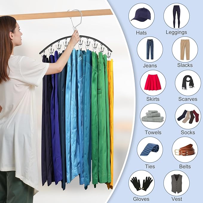 3 Pack Skirt Pants Hangers with Clips, Legging Organizer for Closet Hanging with 10 Cilps Holds 30 Leggings/Shorts/Jeans/Skirts Pants Hangers Space Saving Closet Organizers and Storage, Blue