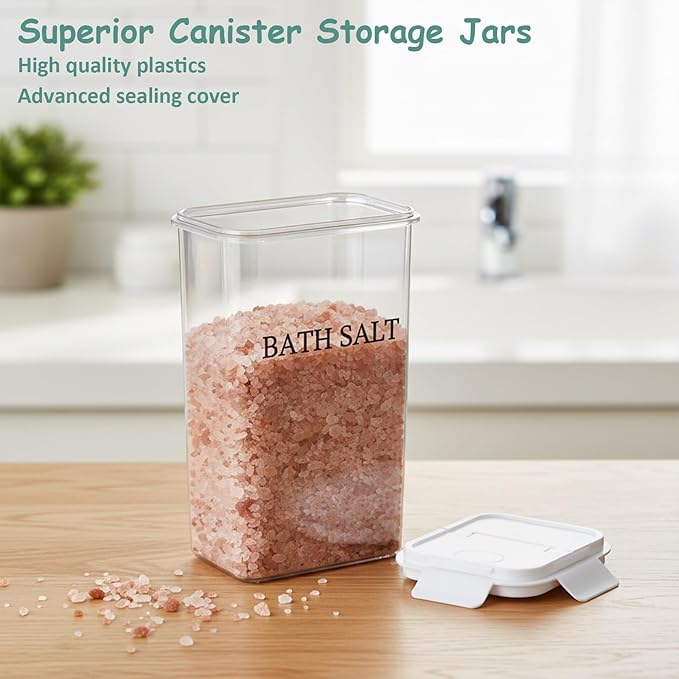 Bath Salt Jar, 78 oz Plastic Bath Salt Container with Scoop, Airtight Storage with Locking Lids, Stackable Clear Canister for Epsom Salt, Bathtub Accessories