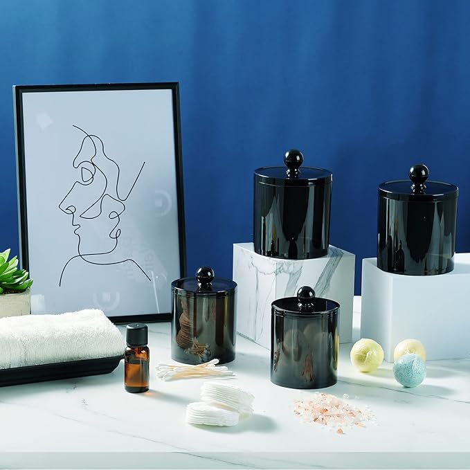 SheeChung 8-Pack Qtip Holder,Black Acrylic Canister Apothecary Jars with Lids & 12 Labels - (4) 10oz & (4) 12oz Plastic Canisters Bathroom Storage Set - Shatterproof Qtip Holder for Home Organization