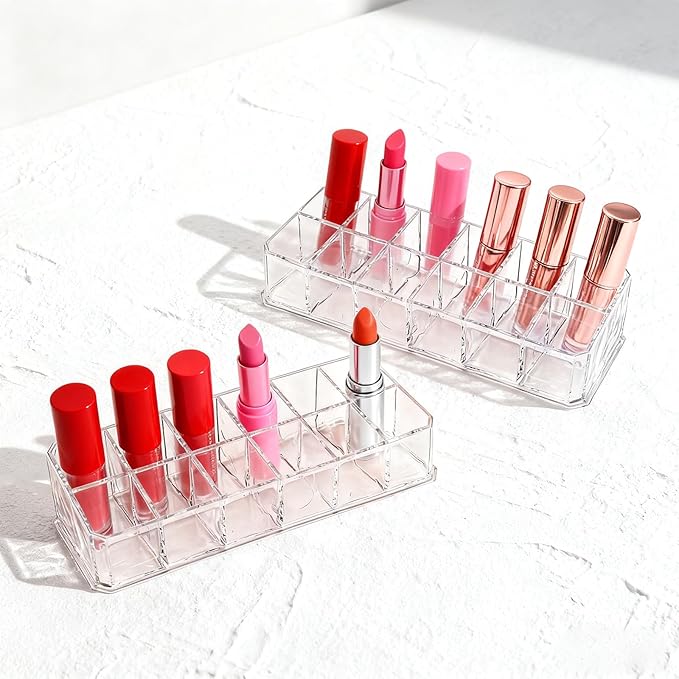 4-Pack 12-Slot Acrylic Lipstick Organizer, Lipstick Holder, Lip Gloss Organizer, Cosmetic Storage Display, Perfect Storage Solution for Drawer, Vanity, Bathroom, and More