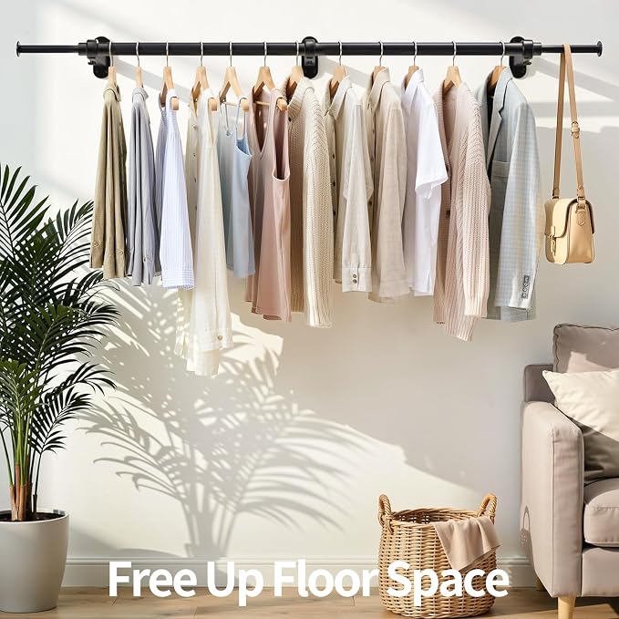 Luxspire Wall Mounted Clothes Rack, Industrial Pipe Clothing Rack, 41" Heavy Duty Extendable Iron Garment Bar, Multi-Purpose Hanging Rods for Clothes Bedroom, Laundry Room, Closet 1 Pack, Black