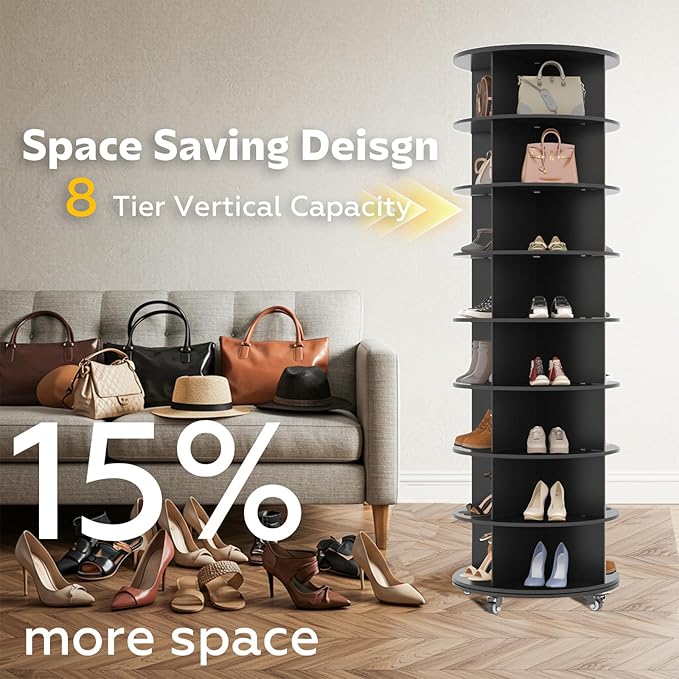 8 Tier Rotating Shoe Rack, Shoe Tower Organizer with 4 Universal Casters, Spinning Lazy Susan Display Storage Rack Round Carousel Vertical Handbag Closet (Dark Black, 23.6’’×23.6’’×74’’)