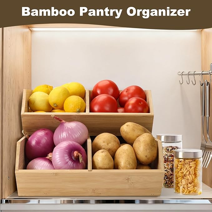 Bamboo Pantry Organizers and Storage Bins, 2 Set Stackable Baskets for Vegetables, Potatoes, Onion, Garlic, Bread - Bamboo Kitchen Containers for Pantry Drawer, Counter, Cabinet