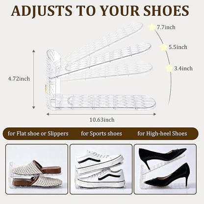 Shoe Stacker 12 Pack, Shoe Slots Organizer for Closet, 3 Levels Adjustable Shoe Space Saver to Save 50% Space, Clear Anti Slip Shoe Rack Organizer Holders for Sneakers, Heels & Sandals