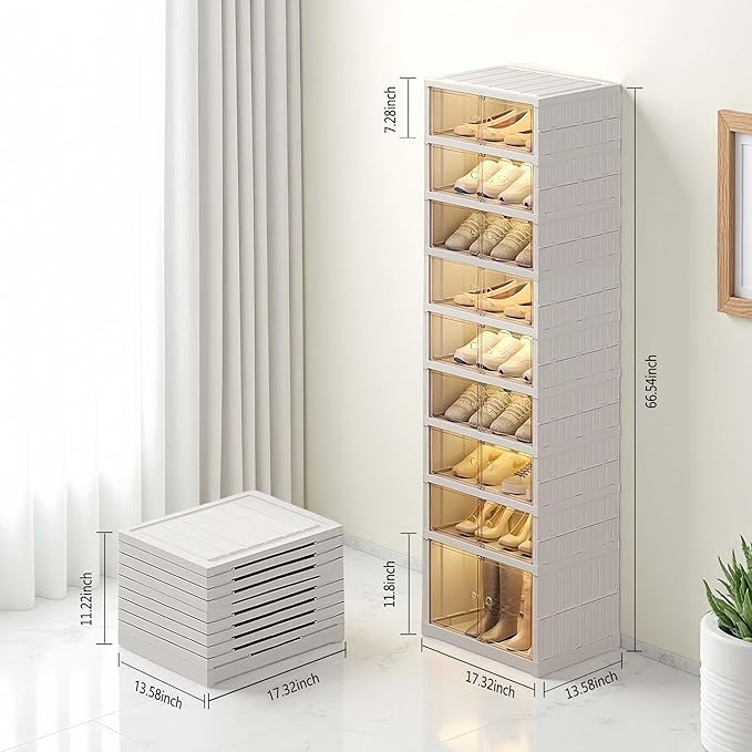 Foldable Shoe Rack Organizer for Closet 9 Tier-18 Pairs Stackable Shoe Storage Cabinet, Collapsible Sneaker Shelf with Doors, Shoe Organizer with Lids Large for Living Room, Entryway