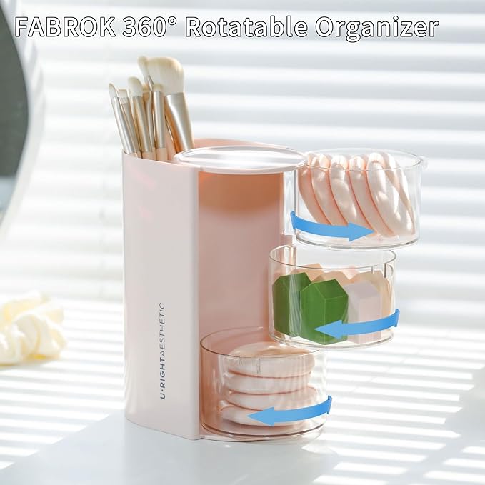 FABROK 3-Layer Hair Accessories Organizer with Brushes Holder, Rotating Small Jewelry Box for Hair Ties Clip Earring Necklaces, Bathroom Vanity Desktop Organizer Case for Cotton Swab(Pink)