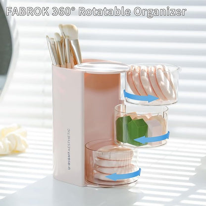 FABROK 3-Layer Hair Accessories Organizer with Brushes Holder, Rotating Small Jewelry Box for Hair Ties Clip Earring Necklaces, Bathroom Vanity Desktop Organizer Case for Cotton Swab(Pink)