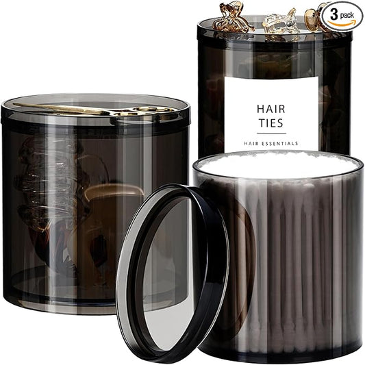 SheeChung 3-Pack Qtip Holder-Qtip Holder Bathroom Set(10/12/20oz) Mixed Sizes with Storage Lids -Bathroom Vanity Organizer for Cotton Swabs, Balls, Pads Accessories & Beauty Supplies-Black