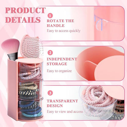 3-Tier Rotating Hair Accessories Organizer with Hair Brush Holder, Makeup Brush Organizer, Hair Tie and Hair Clip Organizer, Jewelry Storage for Girls, Pink