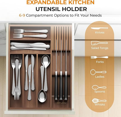TIOPGHAD Small-Bamboo-Silverware-Drawer-Organizer, Expandable Utensil Kitchen Cutlery Tray Flatware Organization Wood Tableware Dividers Storage (with Removable Knife Block)(Brown)