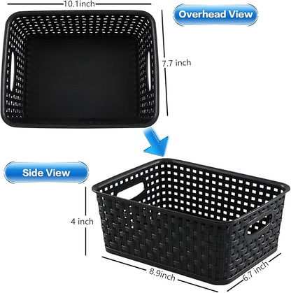 6 Pack Plastic Pantry Weave Storage Basket Bin, Black