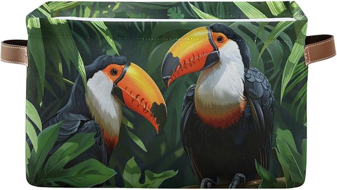 Large Storage Basket Toucans Couple Storage Bin Cube Canvas Fabric Organizer Handles Collapsible for Clothes Toys Bedroom Decorative