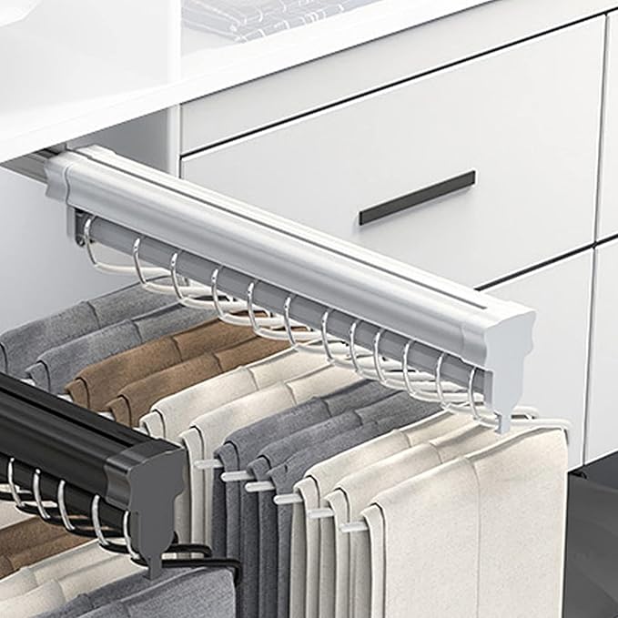 Heavy Duty Retractable Pull Out Pants Rack,Aluminum Alloy Pull Out Closet Valet Rod,Extendable Wardrobe Rail Tube for Hanging Clothes, Top Mount (Color : White, Battery *1 : 36cm)