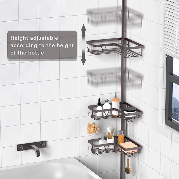 KEGII 4-Tier Corner Shower Caddy Tension Pole - Waterproof Shower Rod Organizer, Floor to Ceiling Tension Rod 25-114.2 inch, Stainless Steel Corner Shower Shelf, Bronze