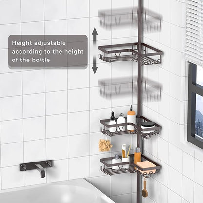 KEGII Shower Caddy Tension Pole with 2 Towel Bars, Adjustable Corner Bathroom Organizer, Rustproof Bathtub Storage Shelves for Shampoo, 25–114.2 Inch Shower Corner Rack for Renters & Family, Bronze