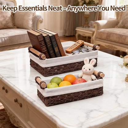 Storage Basket Wicker Baskets for Organizing, Storage Bins for Countertop & Toilet Paper, Toilet Tank Top Organizer (Set of 2, Dark-Brown)