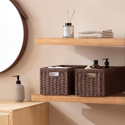 joybest Wicker Storage Baskets, 2pack Hand-Woven Paper Rope Wicker Baskets for Organizing, Foldable Rectangular Storage Organizer Bins for Shelves with Built-in Handles 13.4L x 8.3W x 7.1H, Dark Brown
