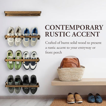 MyGift Set of 4 Rustic Burnt Solid Wood Hanging Shoe Storage Organizer Racks, Wall Mounted Space Saving Footwear Holder for Closet, Mudroom, Entryway, Holds 8 Pairs