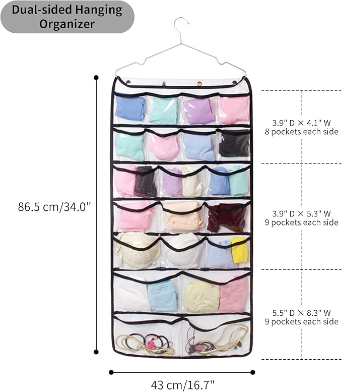 Closet Hanging Organizer, Dual Sided Hanging Wardrobe Storage Bags, 42 Clear Pockets Storage Hanger for Jewelry Socks Underwear (White)