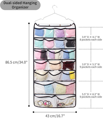 Closet Hanging Organizer, Dual Sided Hanging Wardrobe Storage Bags, 42 Clear Pockets Storage Hanger for Jewelry Socks Underwear (White)