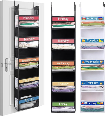 Black White 2 Pack 5 Shelf Weekly Clothes Organizer for Kids Over the Door Hanging Storage Monday through Friday Heavy Duty Clothes Organization for Bathroom Nursery Bathroom Kitchen