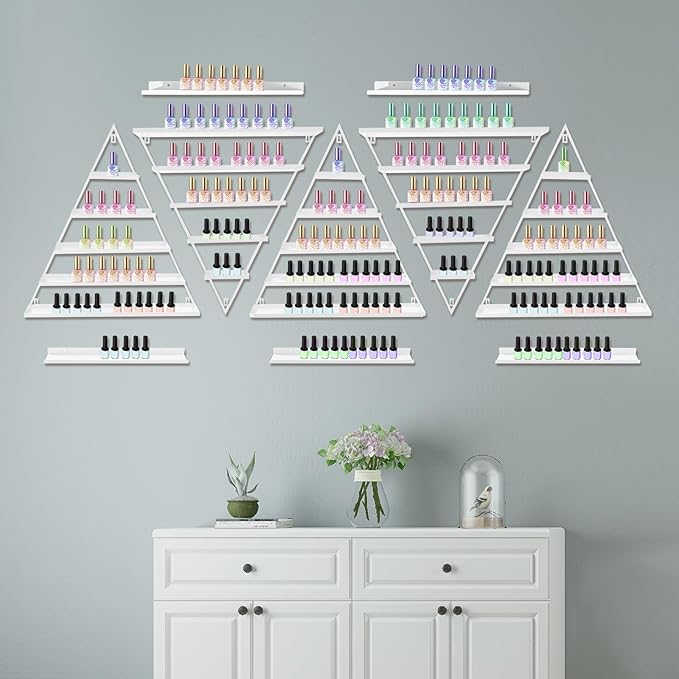 Metal Wall-Mounted Nail Polish Storage Racks, 5 Tiers Nail Polish Storage Racks, 10PCS Triangular Cosmetic Display Racks, Lipstick Perfume Wall Shelf for Spa Nail Salon Shop Home (White)