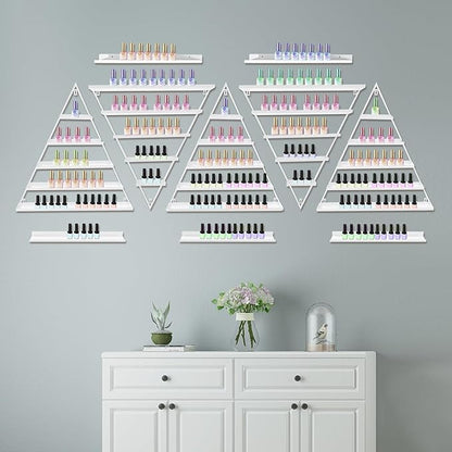 Metal Wall-Mounted Nail Polish Storage Racks, 5 Tiers Nail Polish Storage Racks, 10PCS Triangular Cosmetic Display Racks, Lipstick Perfume Wall Shelf for Spa Nail Salon Shop Home (White)