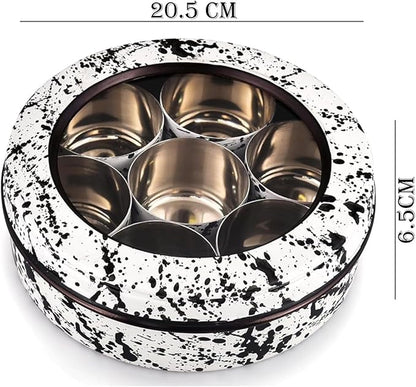 Elan Splatterful Collection Spice Box, Masala Box for Kitchen, Stainless Steel 7 Compartment Multipurpose Air-Tight See Through Round Spice Box/Popula Dabba with Spoon (Black & White, 1500 ml)