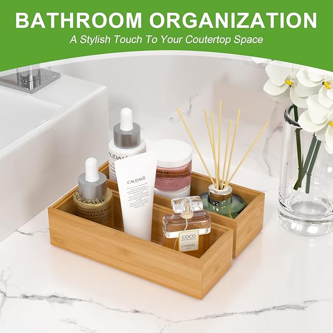 Lixple Bamboo Drawer Organizer – Set of 2 Stackable Storage Boxes, Silverware Tray & Small Gadget Holder for Kitchen Drawers, 9" x 3" x 2" (Outer), 8.3" x 2.3" x 1.77" (Inner)